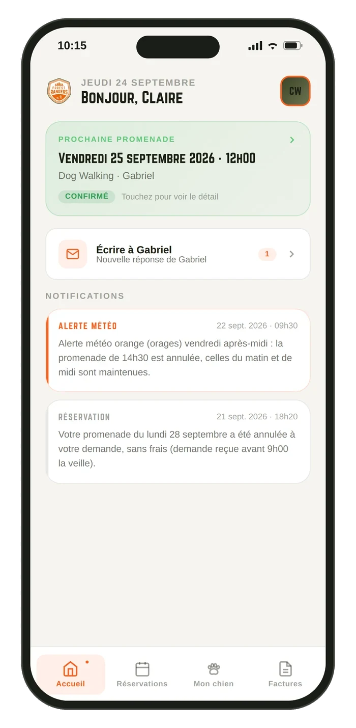 Accueil de l'espace client : prochaine promenade, messages et notifications