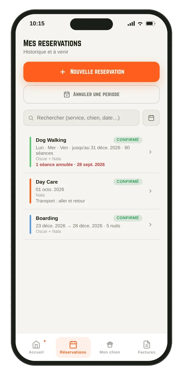 Liste des réservations Dog Walking, Day Care et Boarding