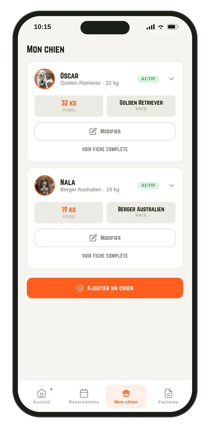 Fiches des chiens dans l'espace client