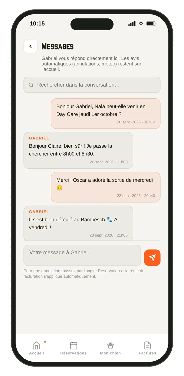 Messagerie entre le client et Gabriel