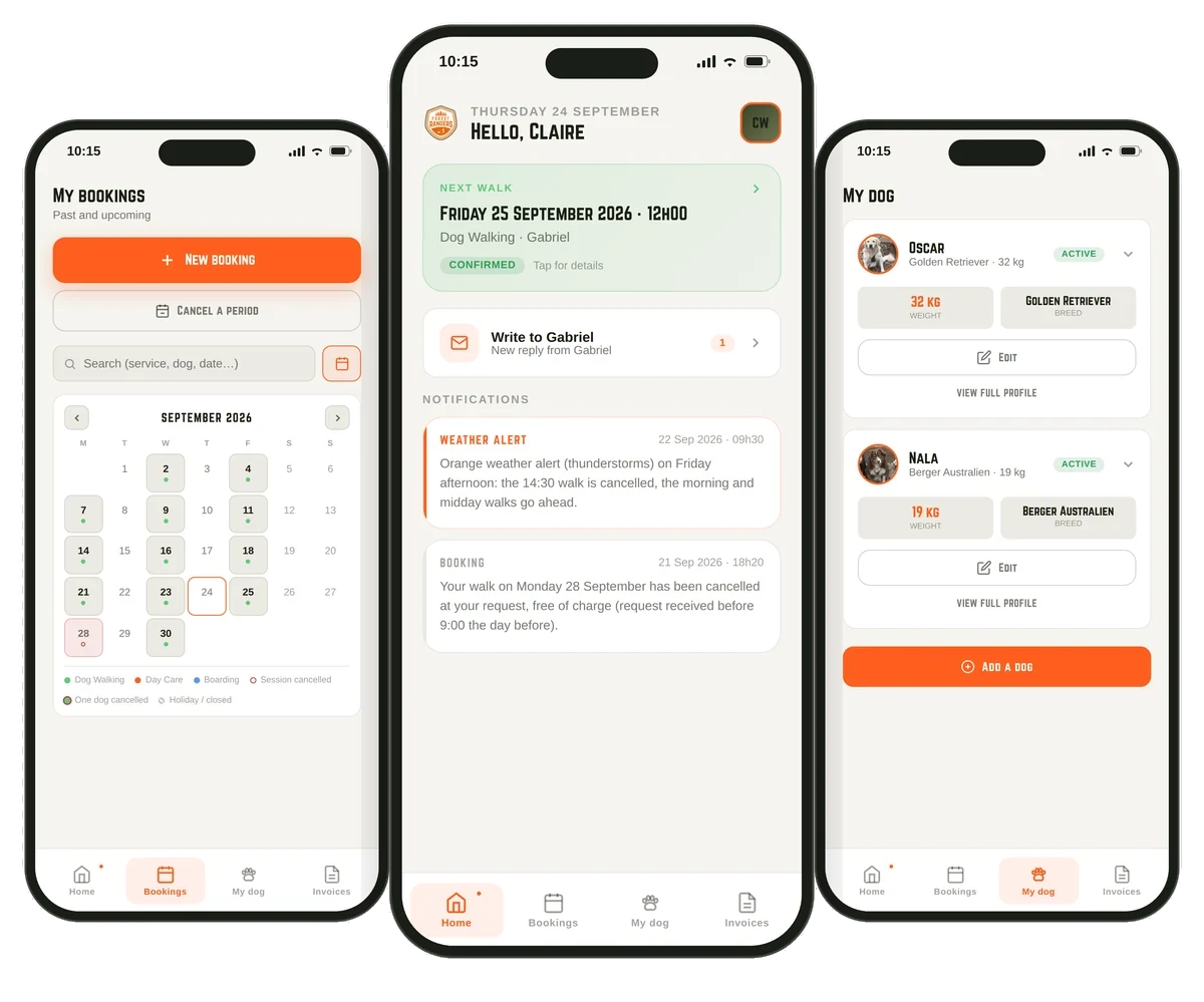 Three screens of the Forest Rangers client portal: bookings, home and dog profile