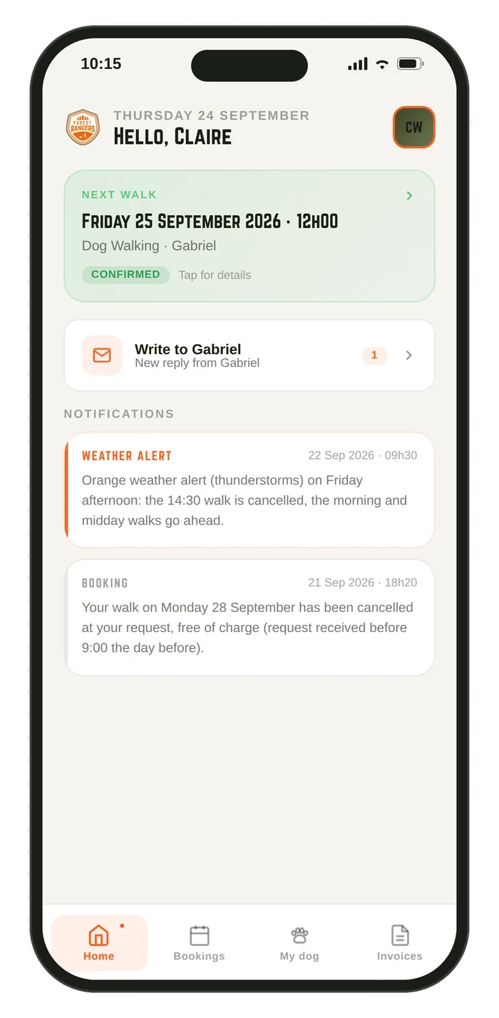 Client portal home: next walk, messages and notifications
