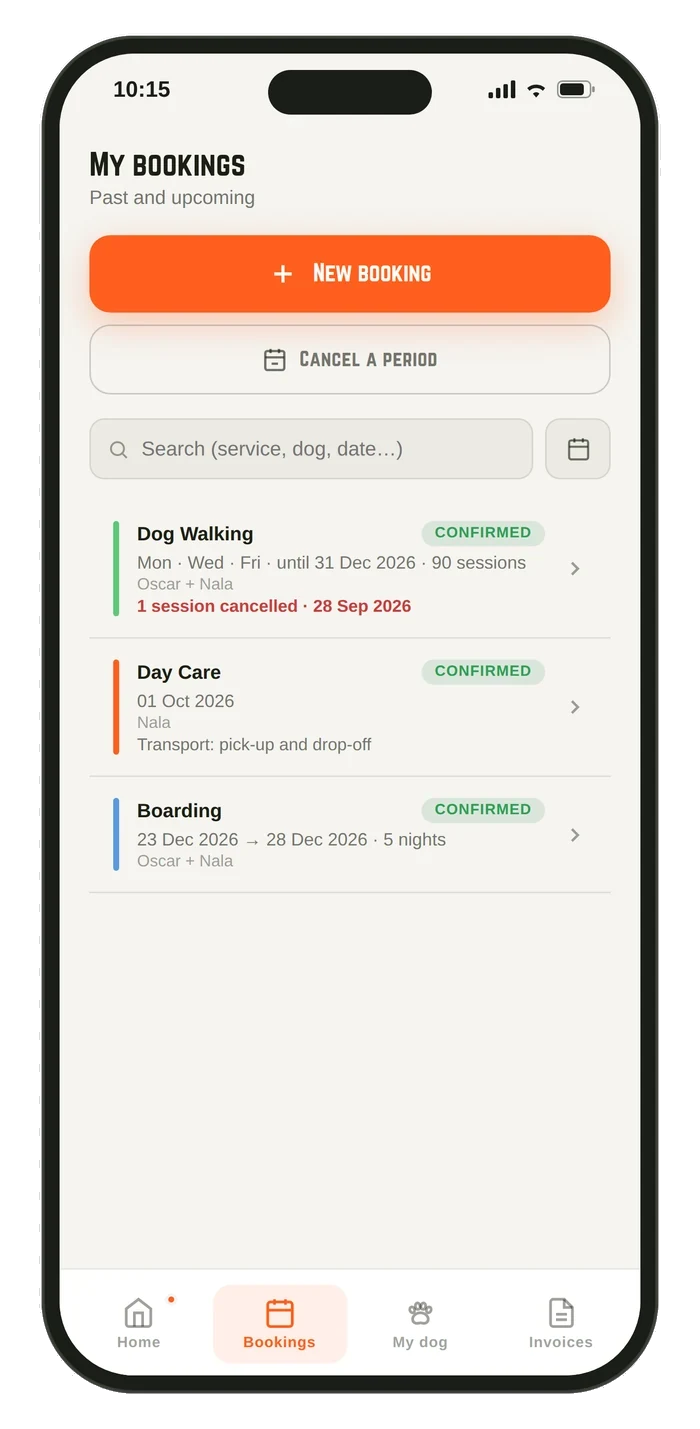 List of Dog Walking, Day Care and Boarding bookings