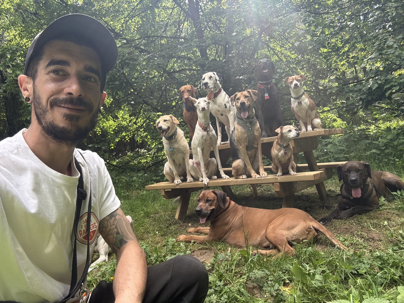 Gabriel Quiaios avec un groupe de chiens en forêt